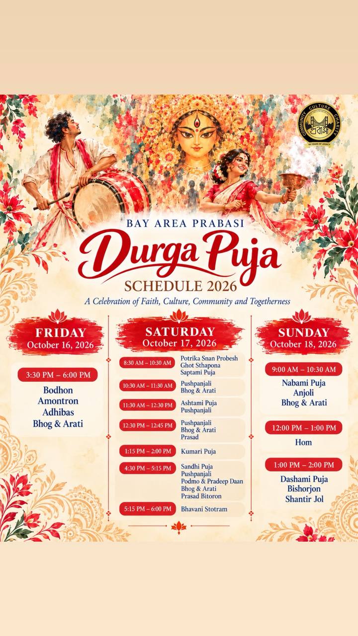 Prabasi Durga Puja ritual schedule, October 16–18, 2026